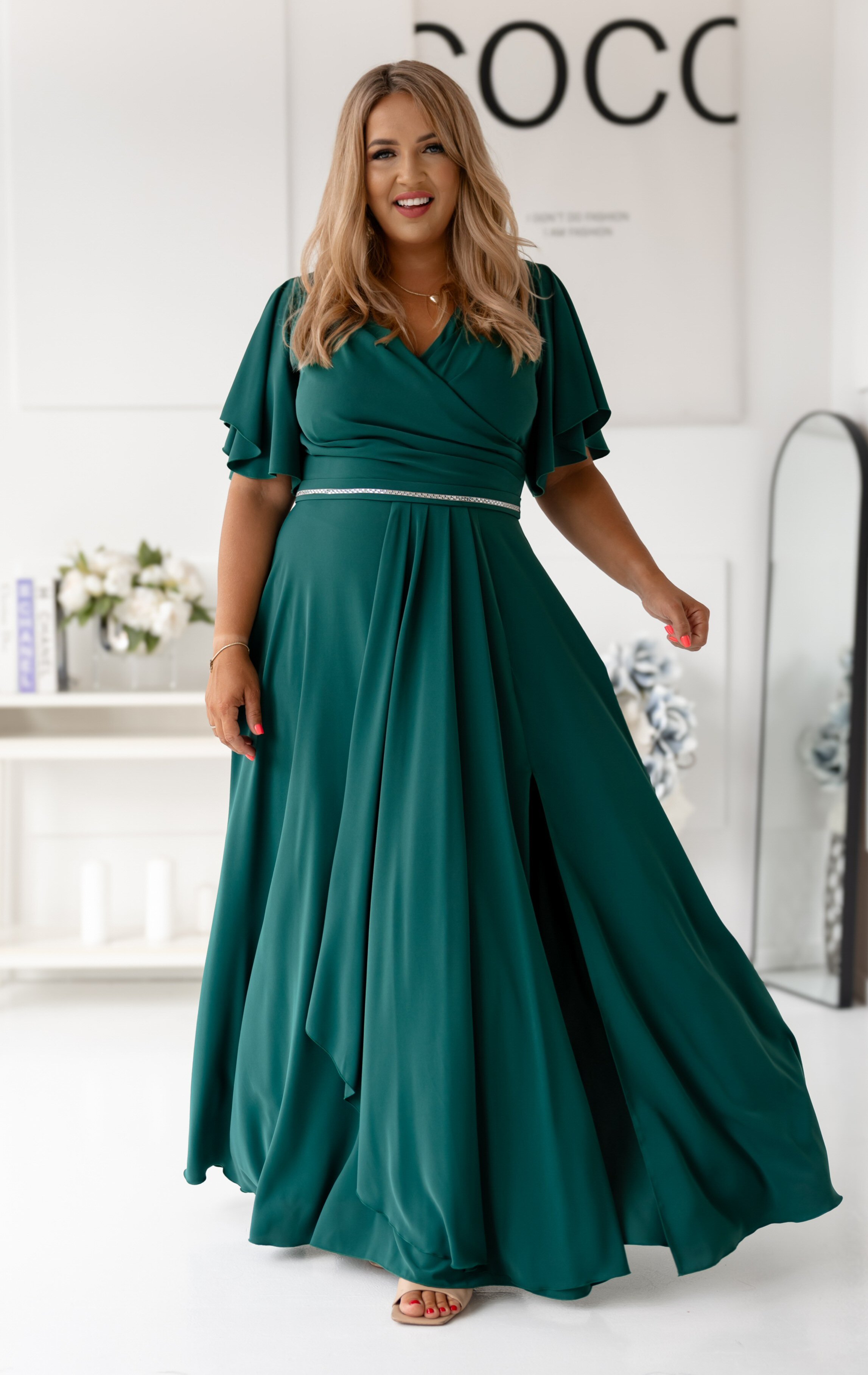 A&M Rochie lunga XXL verde empire cu maneca clopot petrecuta Elite