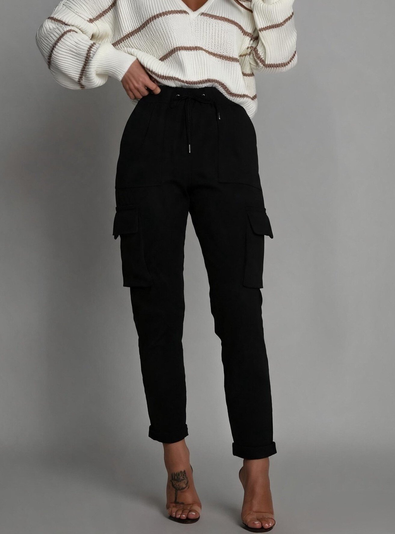 ADROM Pantaloni dama casual negri cu buzunare laterale Ereny