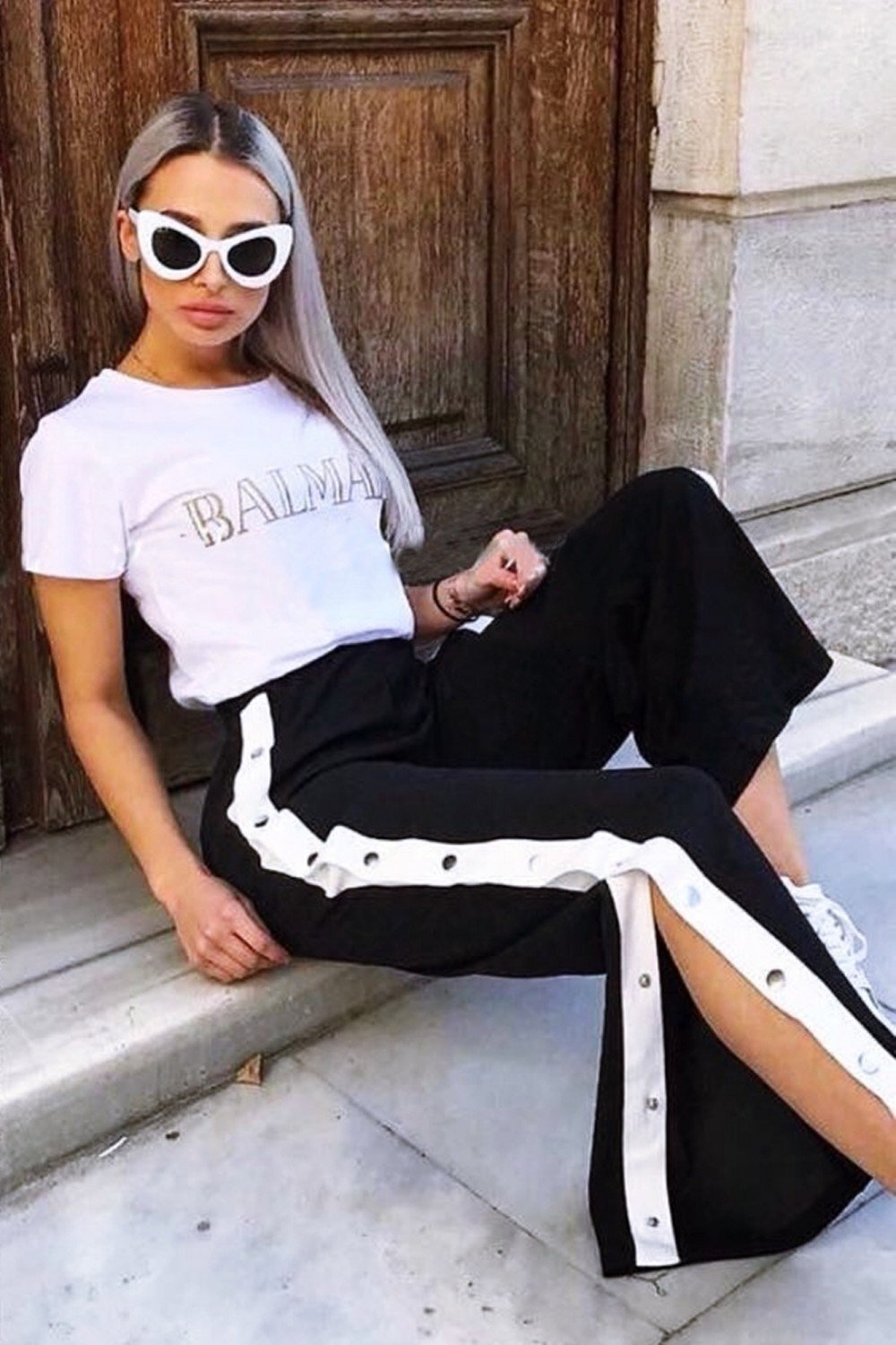 ADROM Pantaloni dama trening sport negri cu dunga alba si capse Assur