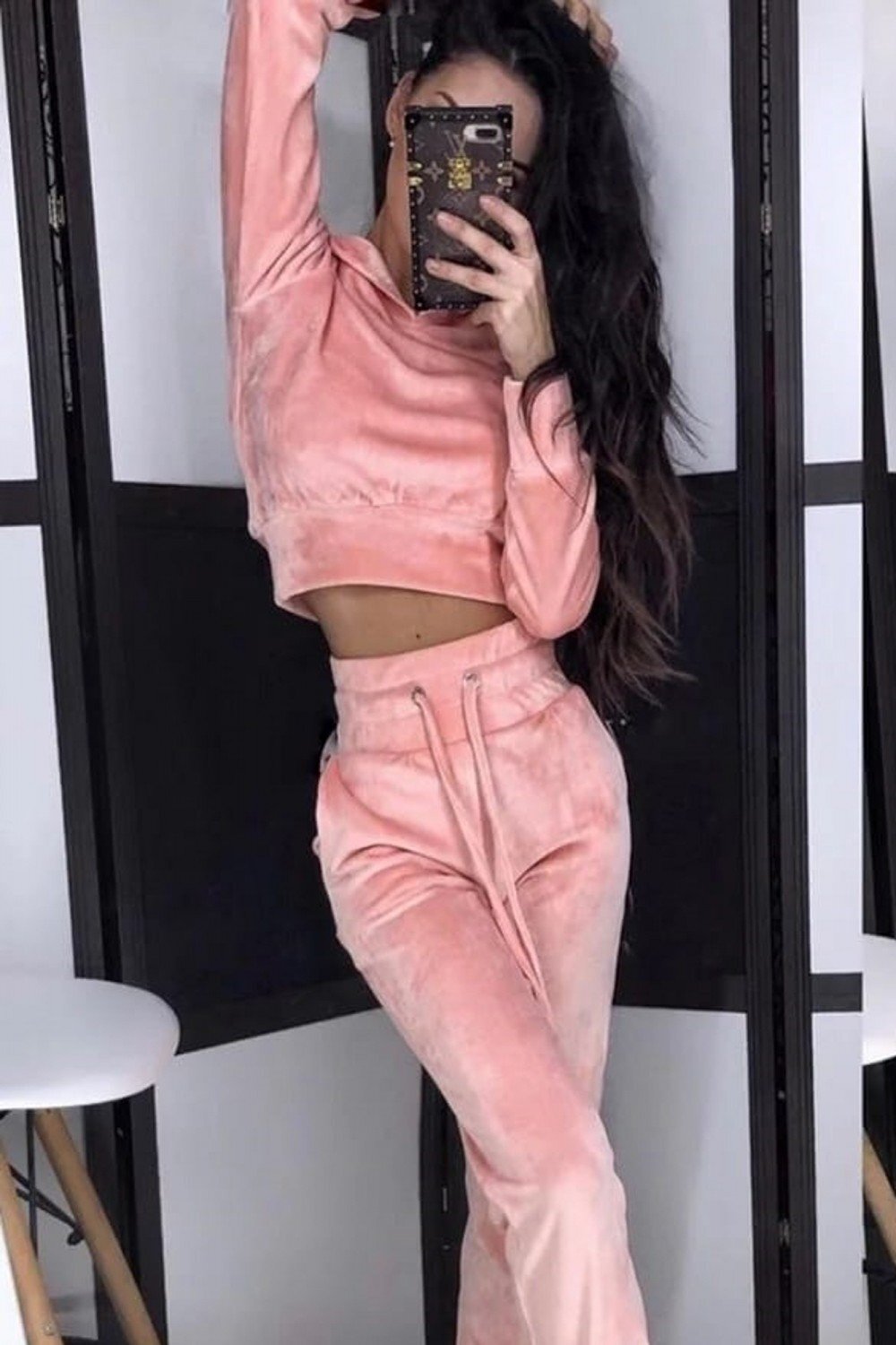 ADROM Trening dama casual din catifea roz cu gluga Denisse
