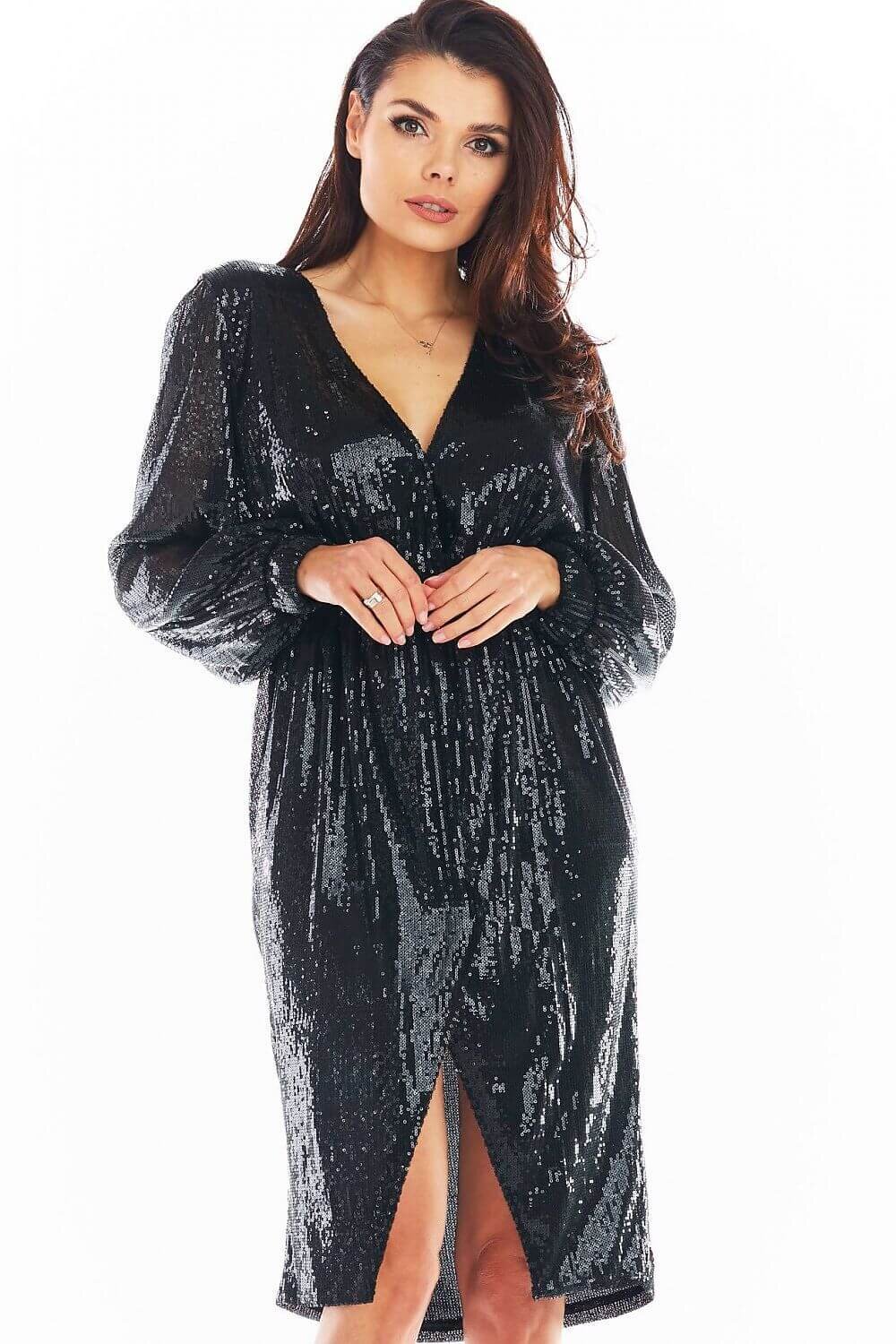 AWAMA Rochie de seara eleganta midi neagra petrecuta din paiete Charme