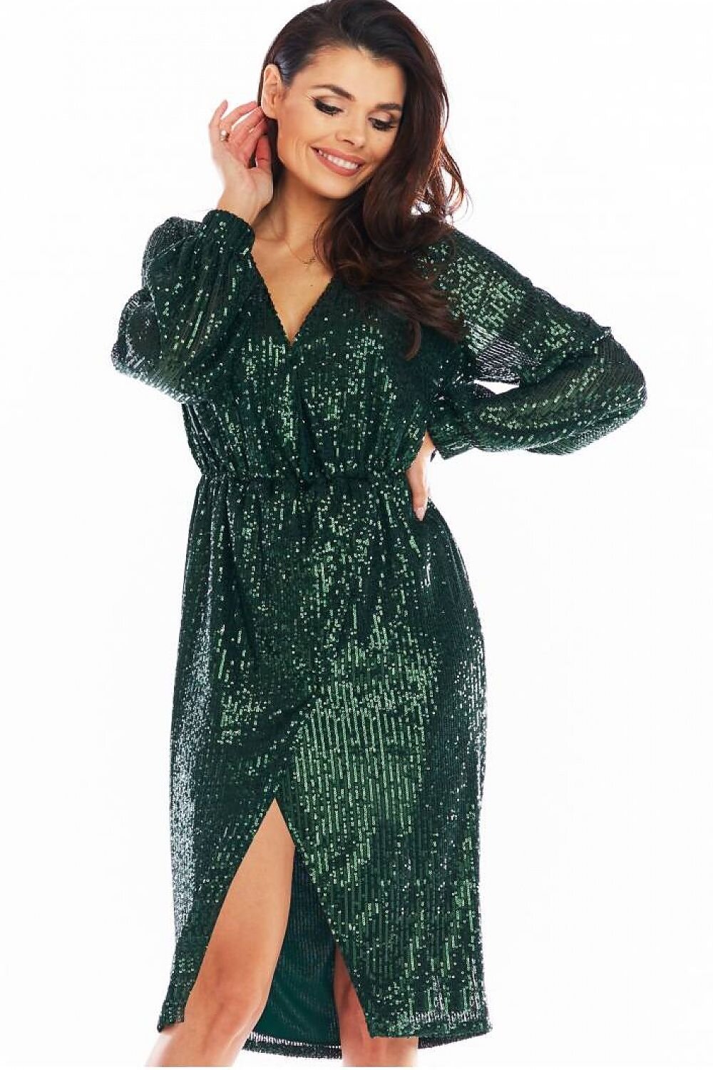 AWAMA Rochie de seara suprapusa midi verde din paiete Charme