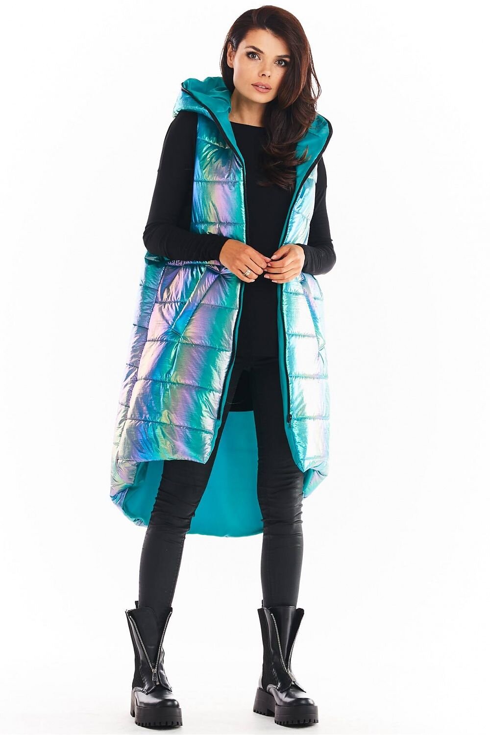AWAMA Vesta dama lunga oversize albastra cu reflexii asimetrica cu gluga Stacy