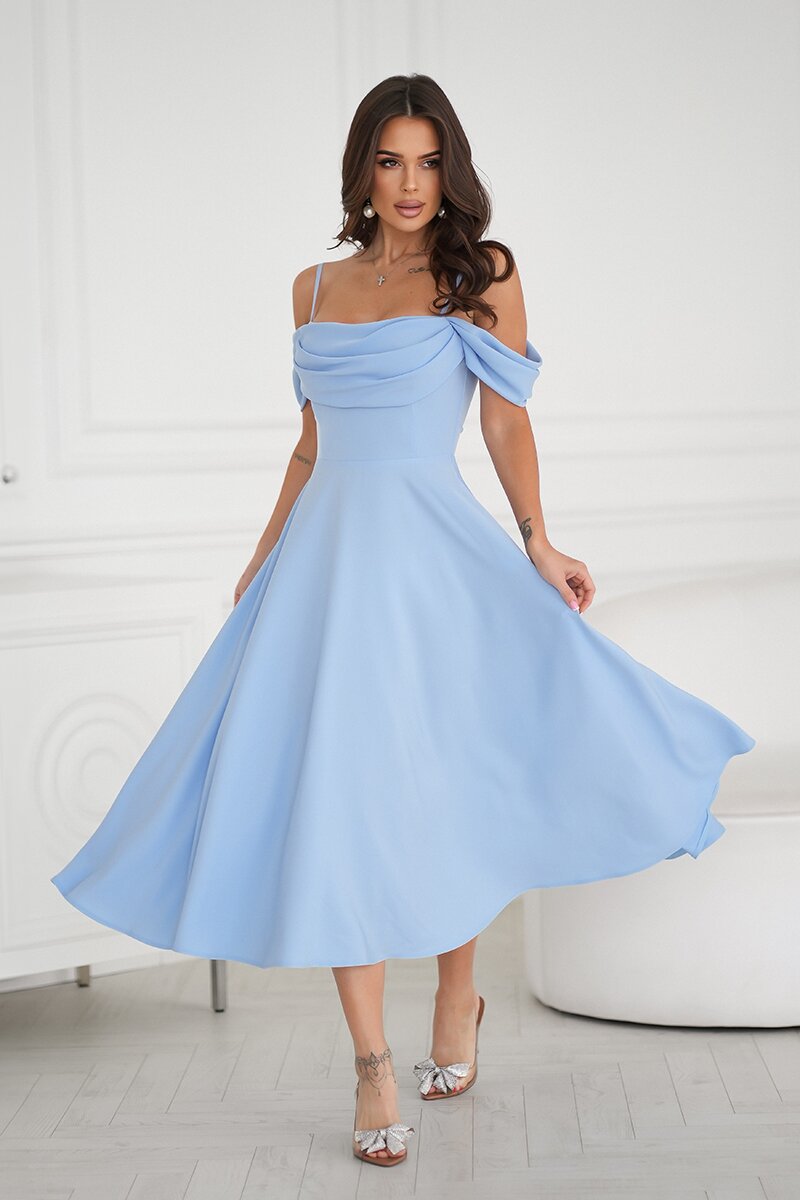 Bicotone Rochie baby doll midi baby blue cu umerii goi evazata Anelisa