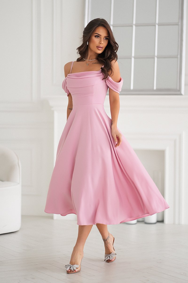 Bicotone Rochie baby doll midi roz prafuit cu umerii goi evazata Anelisa