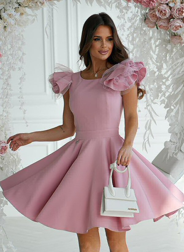 Bicotone Rochie baby doll scurta roz prafuit din vascoza cu volan la maneca Samuela