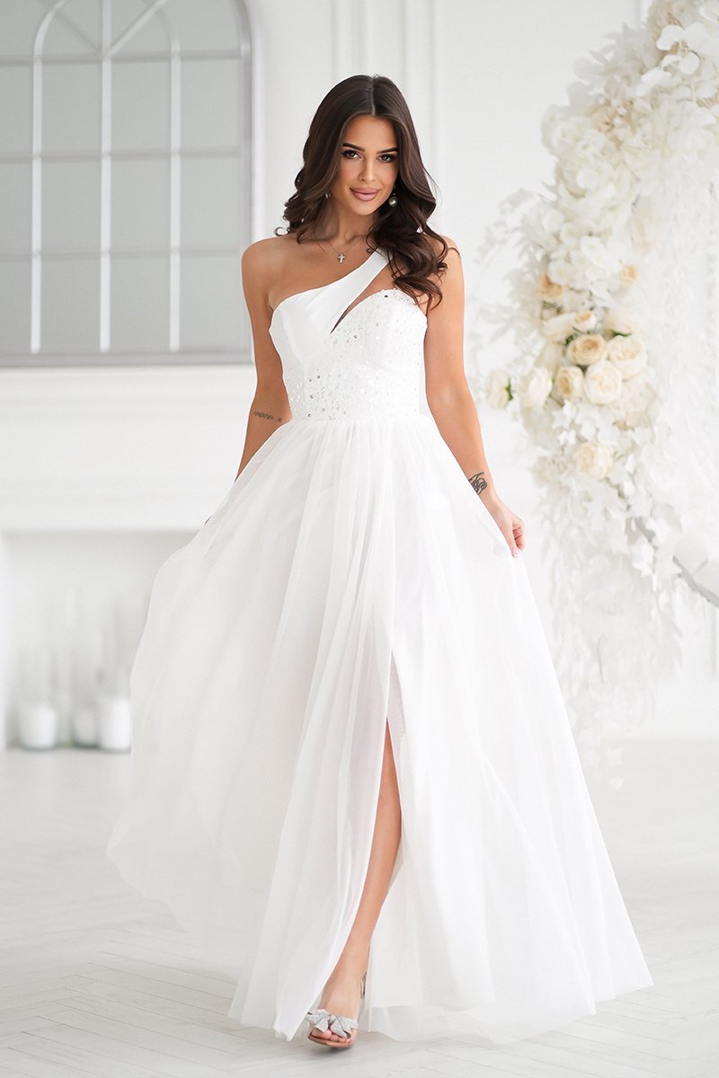Bicotone Rochie cununie civila alba lunga cu tulle si paiete Louanna