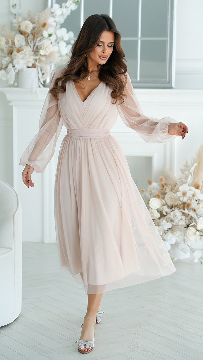 Bicotone Rochie cununie civila midi din tul cu glitter bej evazata cu maneca lunga Petra
