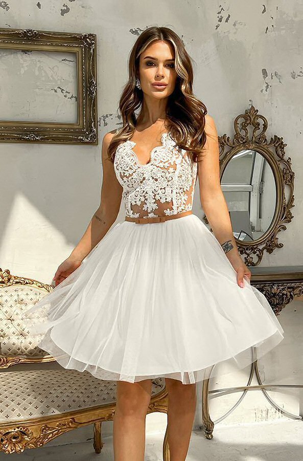 Bicotone Rochie cununie civila scurta cu tul si broderie ecru Ecaterina