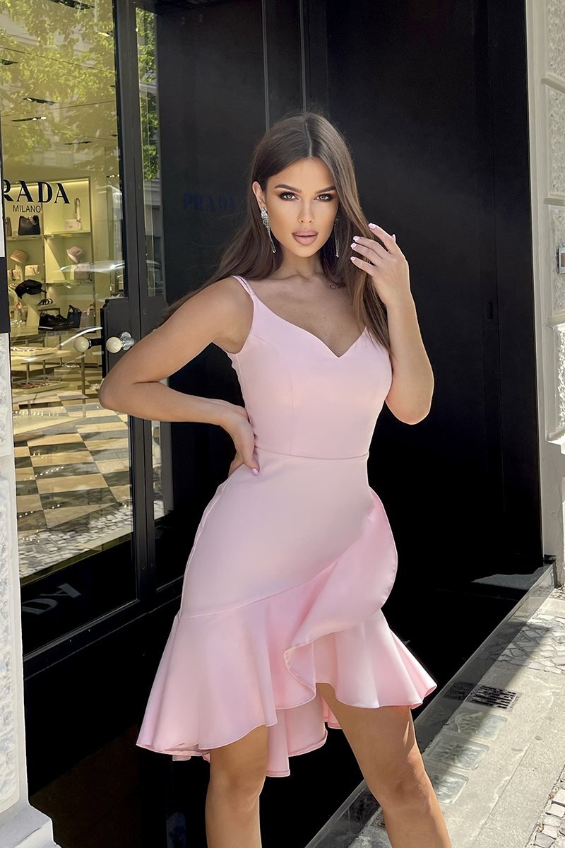 Bicotone Rochie de ocazie asimetrica scurta roz pudra cu volane Mirrella