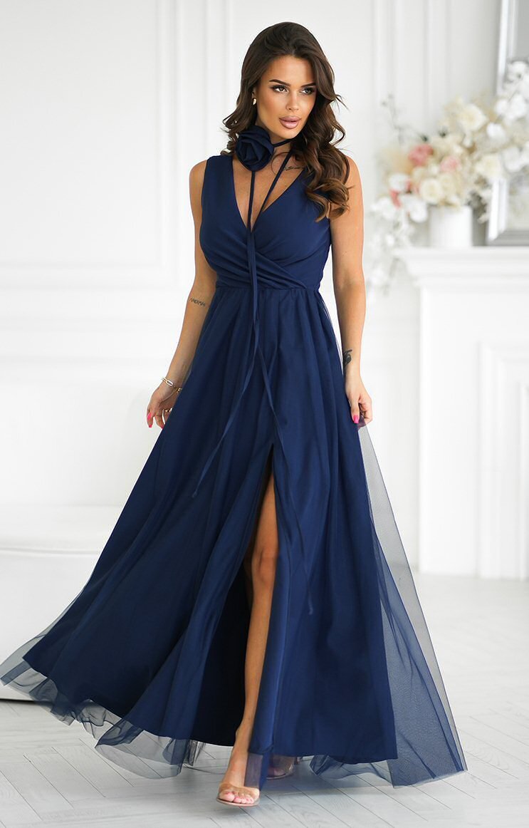 Bicotone Rochie eleganta lunga bleumarin vaporoasa din tulle cu floare decorativa Dyandra