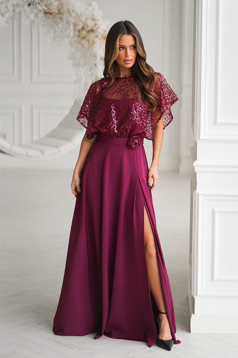 Bicotone Rochie eleganta lunga burgundy cu paiete vaporoasa Azaliya