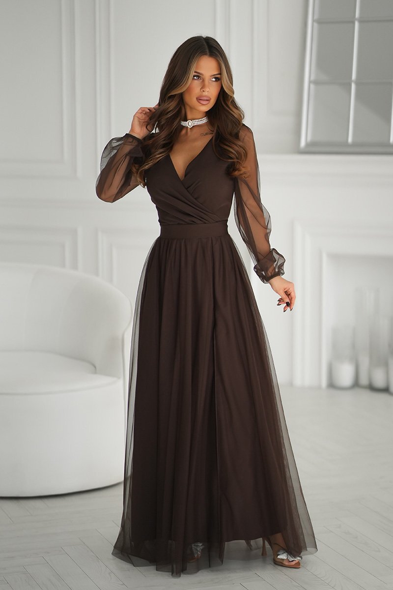 Bicotone Rochie eleganta lunga din tulle ciocolata cu maneca lunga SplendorB