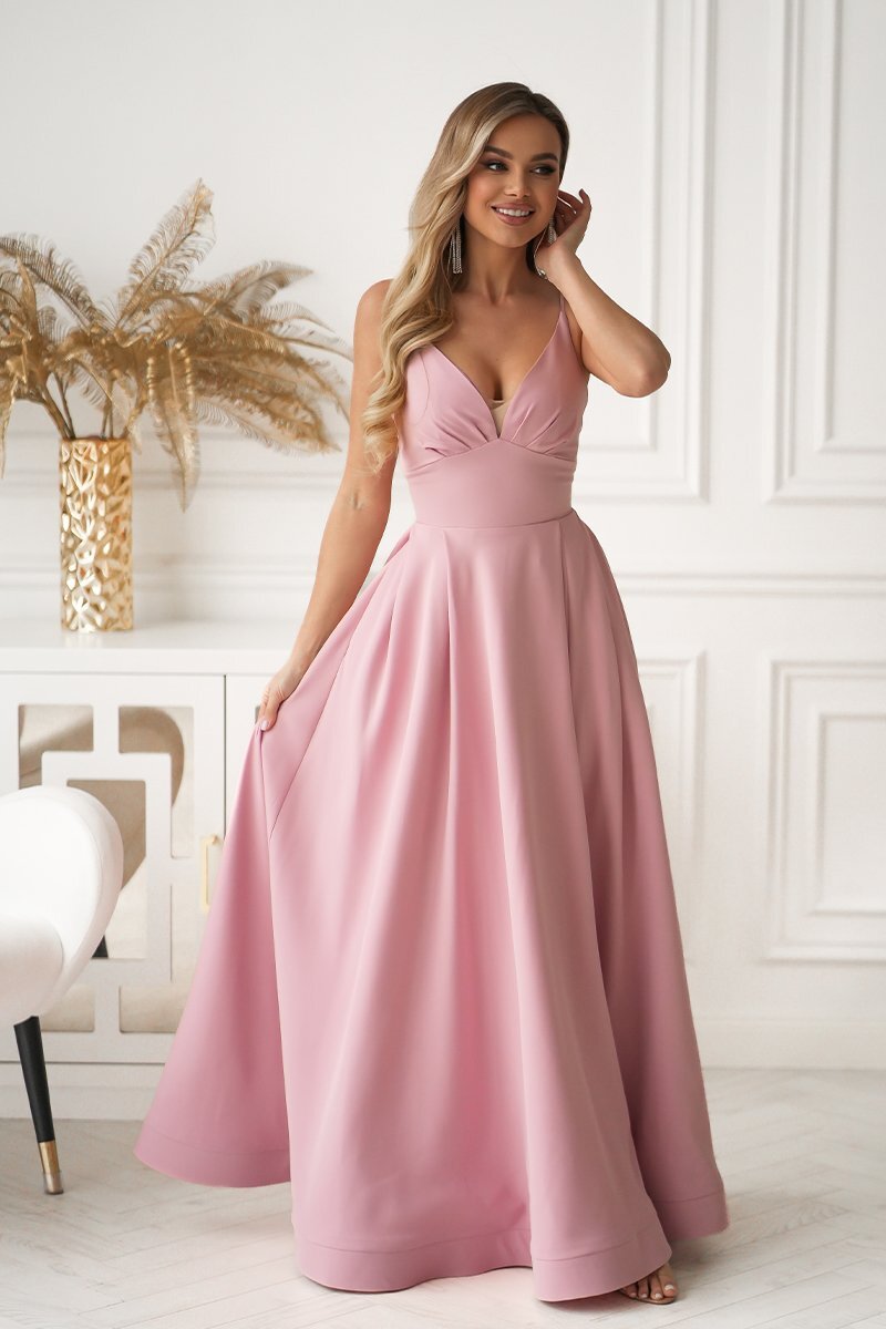 Bicotone Rochie eleganta lunga roz pudra cu bust tip corset vaporoasa Jasmine