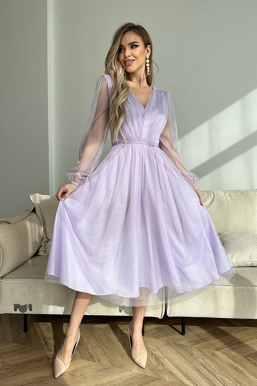 Bicotone Rochie eleganta midi din tul cu glitter lila cu maneca lunga Petra