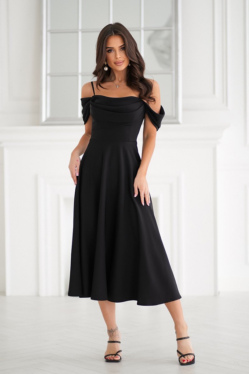 Bicotone Rochie eleganta midi neagra baby doll cu umerii goi evazata Anelisa