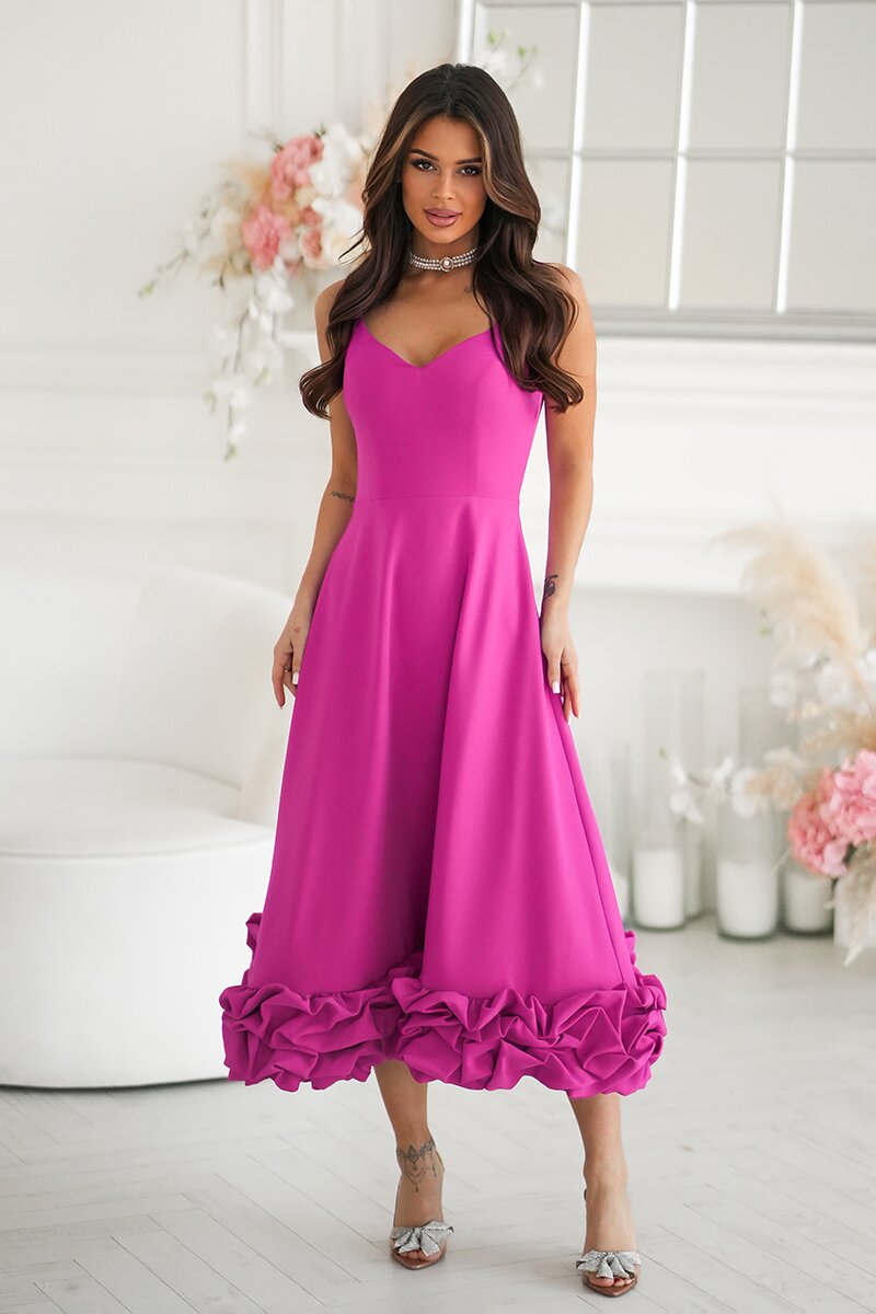 Bicotone Rochie eleganta midi roz fucsia cu volan tridimensional Jasmina