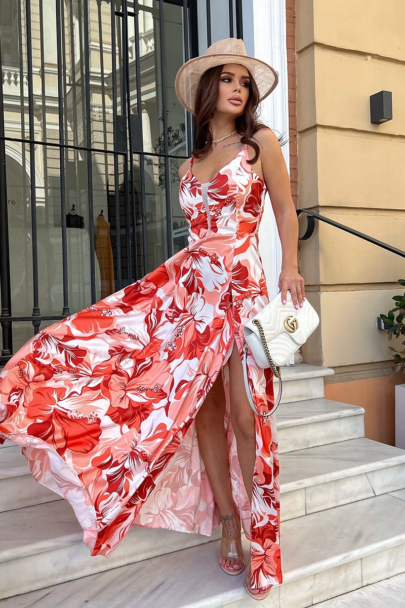 Bicotone Rochie lunga din satin orange cu flori Amanda