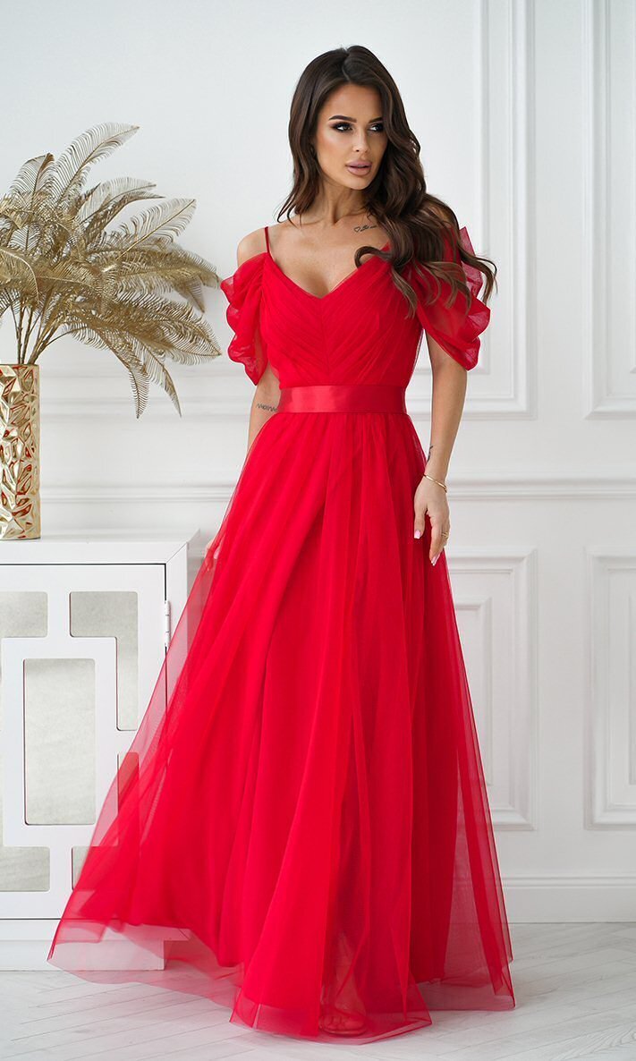 Bicotone Rochie lunga eleganta rosie din tulle vaporoasa cu umerii goi FloraY