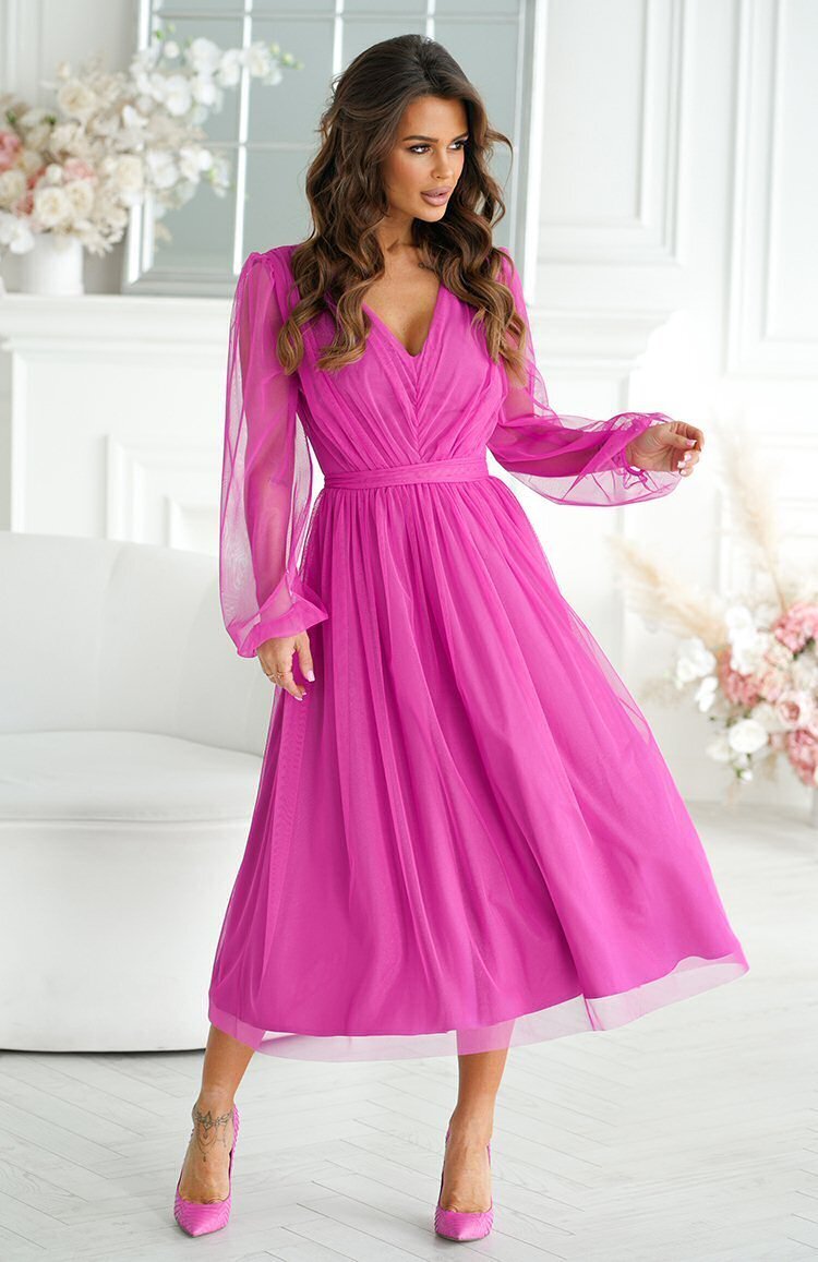 Bicotone Rochie midi din tul cu glitter bishop evazata cu maneca lunga Petra