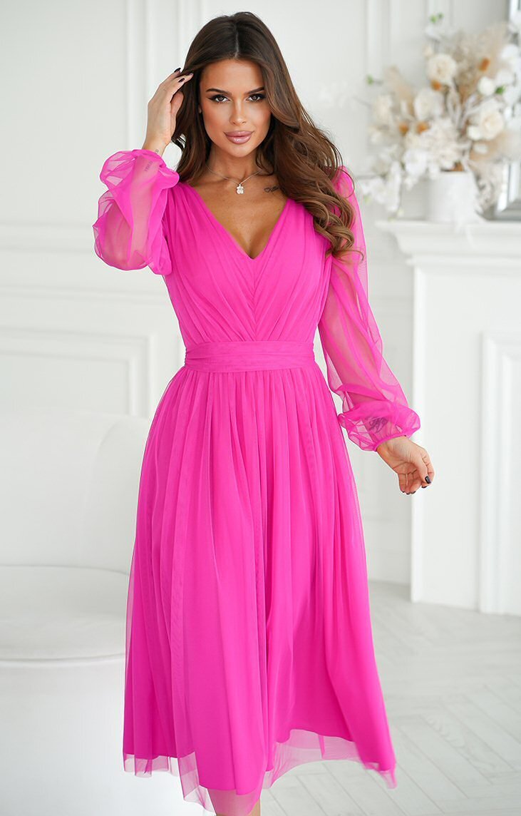 Bicotone Rochie midi eleganta din tul cu glitter roz neon cu maneca lunga Petra