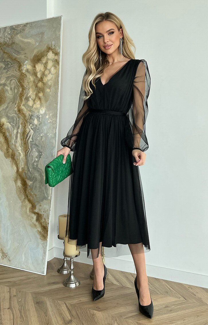 Bicotone Rochie midi eleganta neagra din tul cu glitter evazata cu maneca lunga Petra