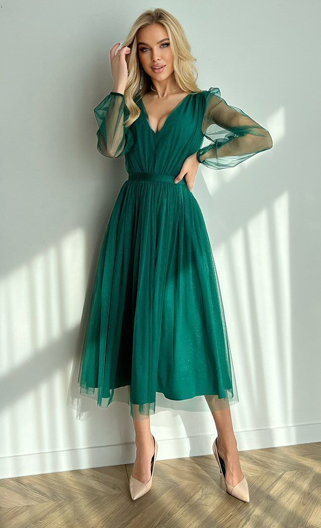 Bicotone Rochie midi eleganta verde din tul cu glitter cu maneca lunga Petra