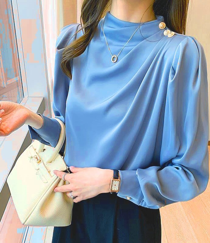  Bluza dama eleganta bleu cu maneca lunga vaporoasa Angelia