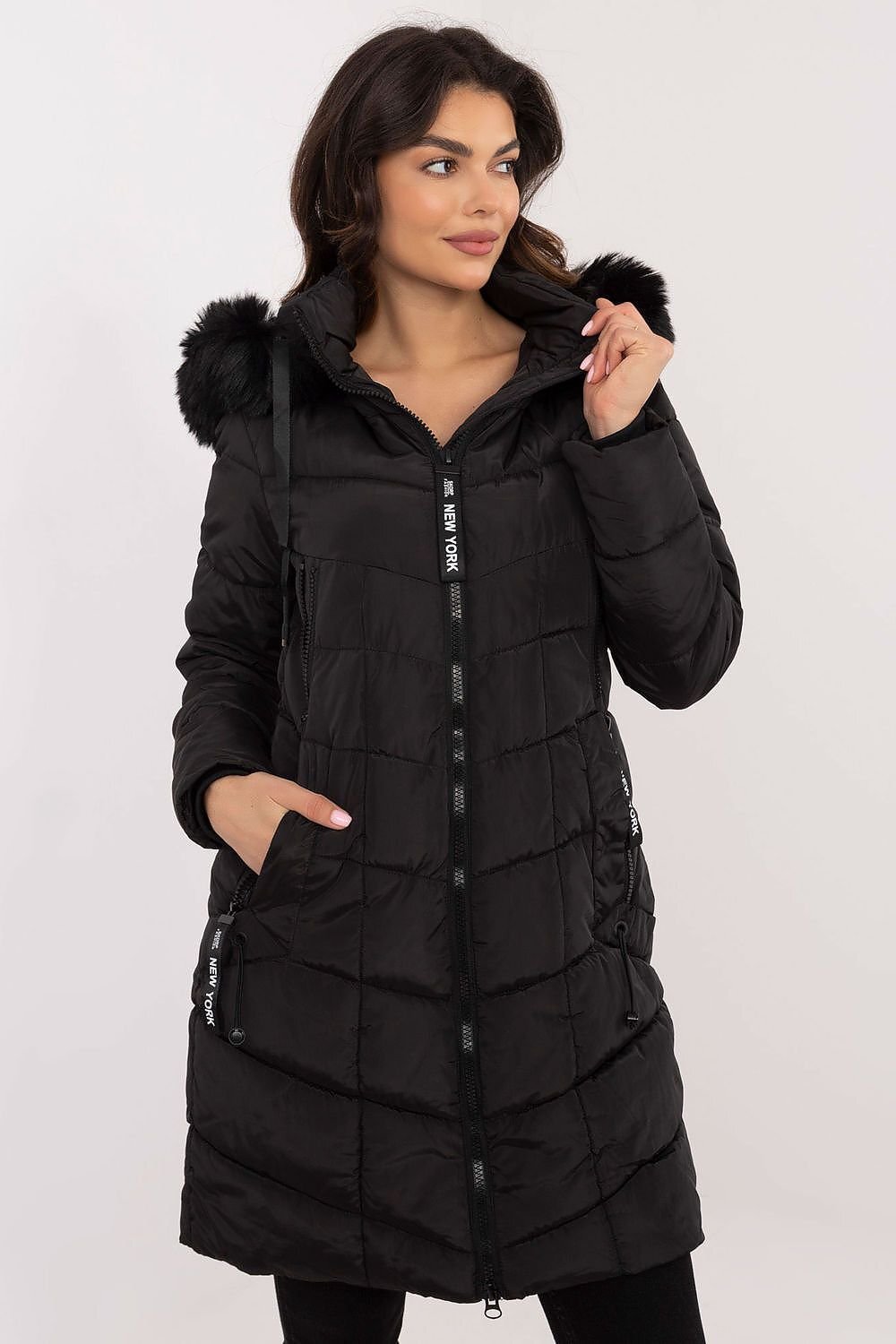 FactoryPrice Geaca dama de iarna parka lunga neagra matlasata cu gluga si blanita Elina