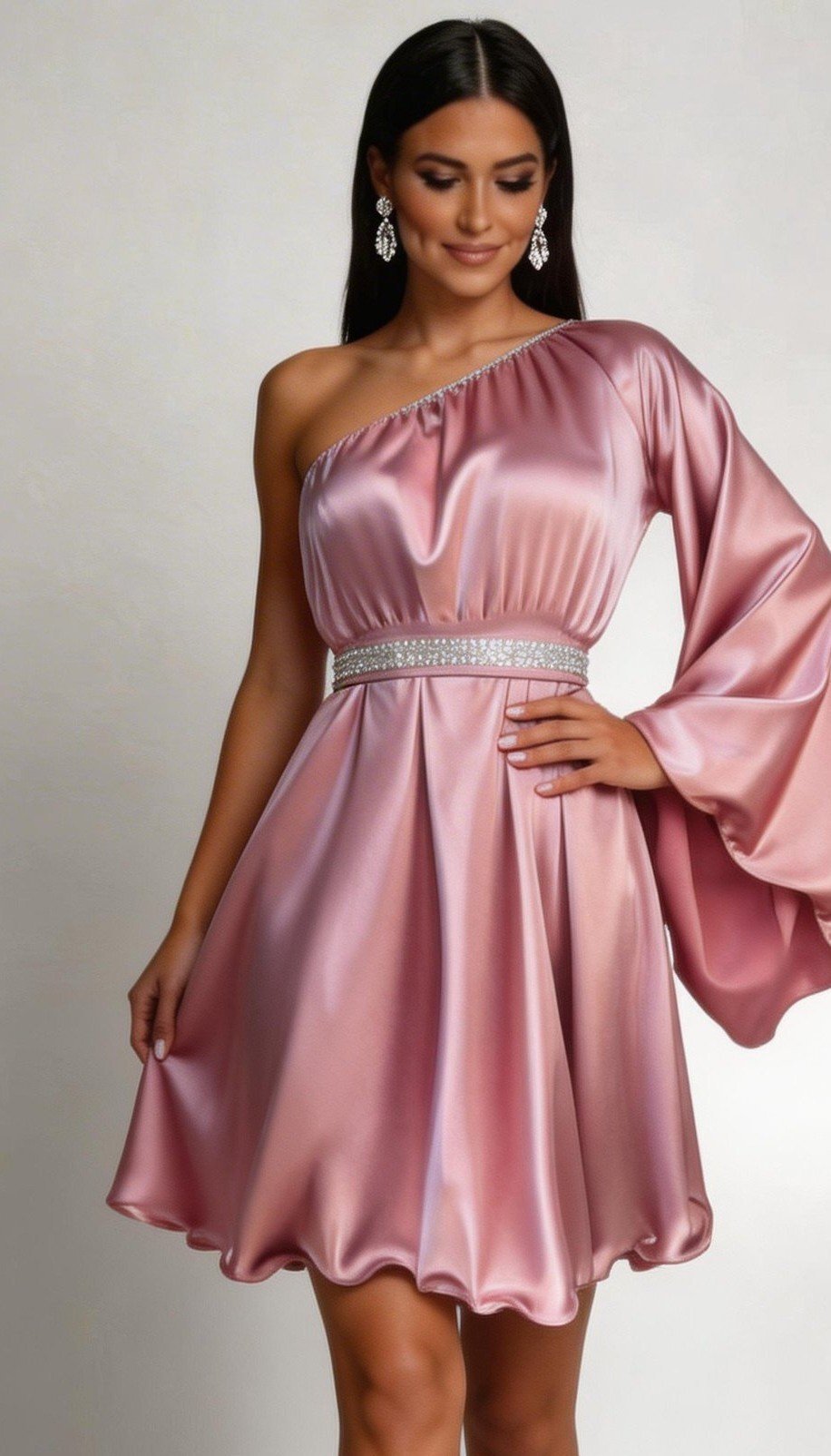 JojoFashion Rochie baby doll din satin roz cu maneca lunga Melike