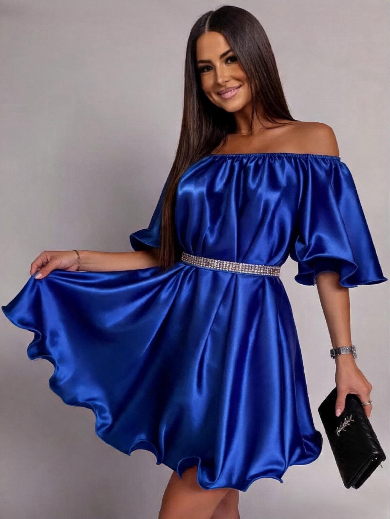 JojoFashion Rochie baby doll scurta din satin albastra Jimena