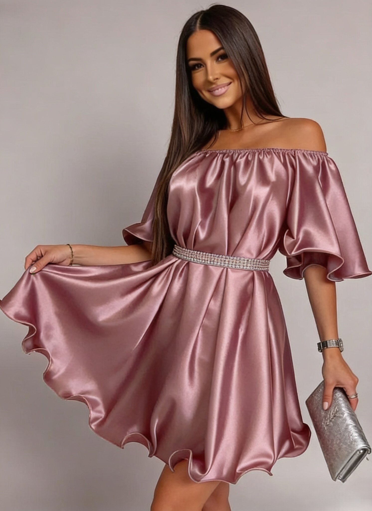 JojoFashion Rochie baby doll scurta din satin roz pal Jimena