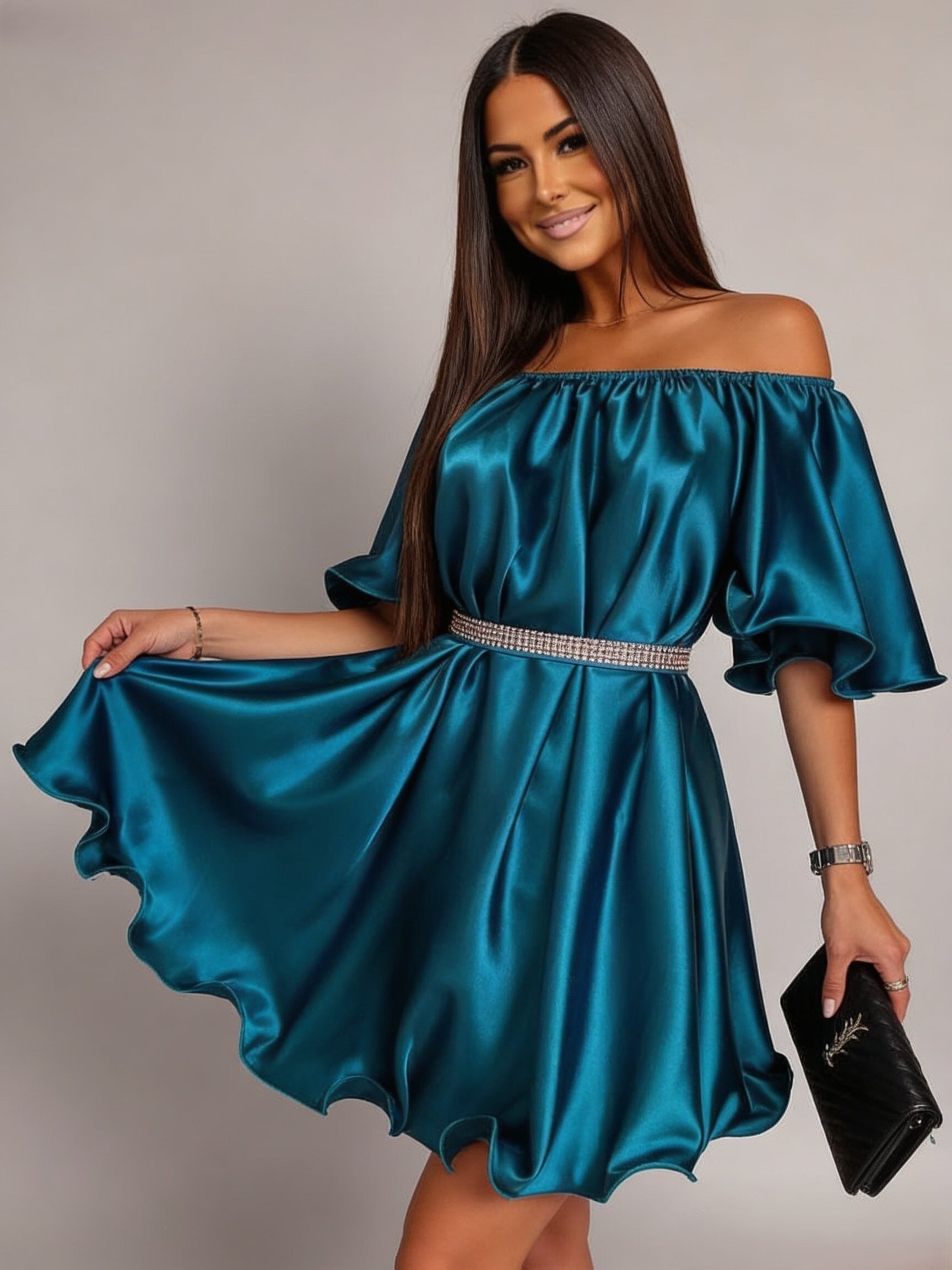 JojoFashion Rochie baby doll scurta din satin turcoaz cu maneca scurta Jimena