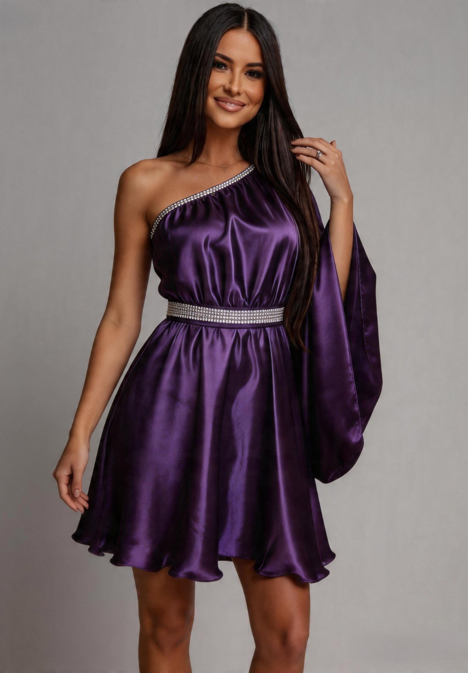 JojoFashion Rochie babydoll din satin mov cu maneca lunga Melike
