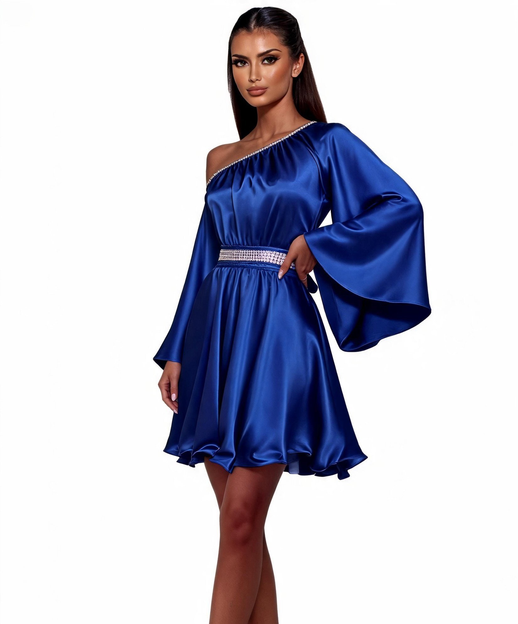 JojoFashion Rochie bay doll albastra din satin cu maneca lunga Melike