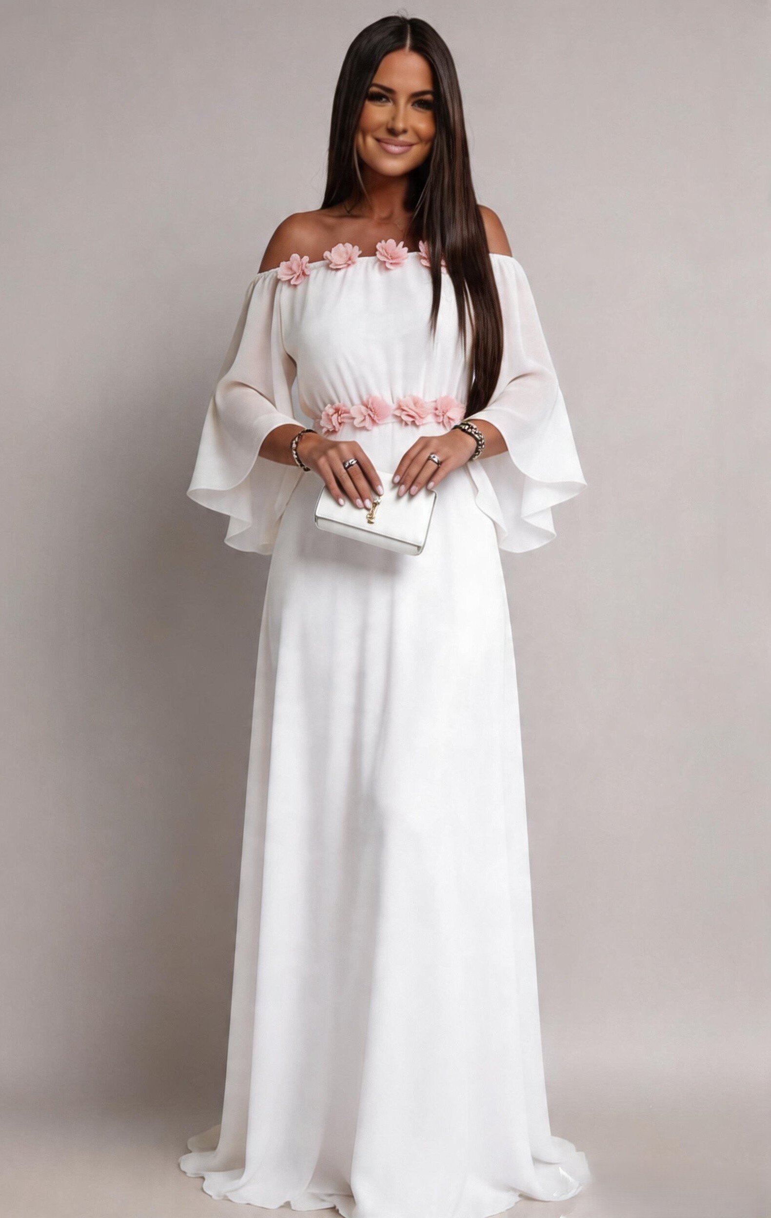 JojoFashion Rochie cununie civila alba lunga din voal cu flori roz vaporoasa AngelD