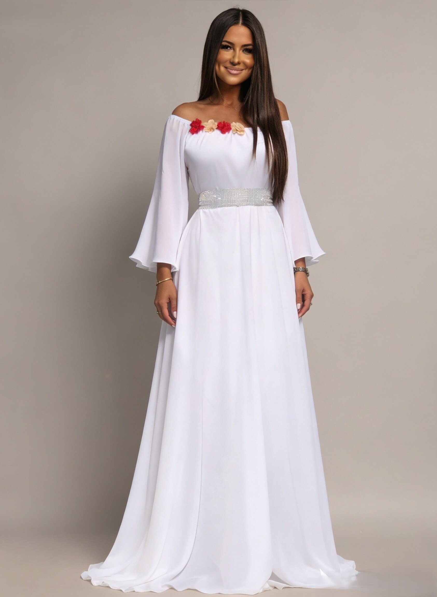 JojoFashion Rochie cununie civila lunga din voalalba cu maneca lunga si umerii goi FairyTale