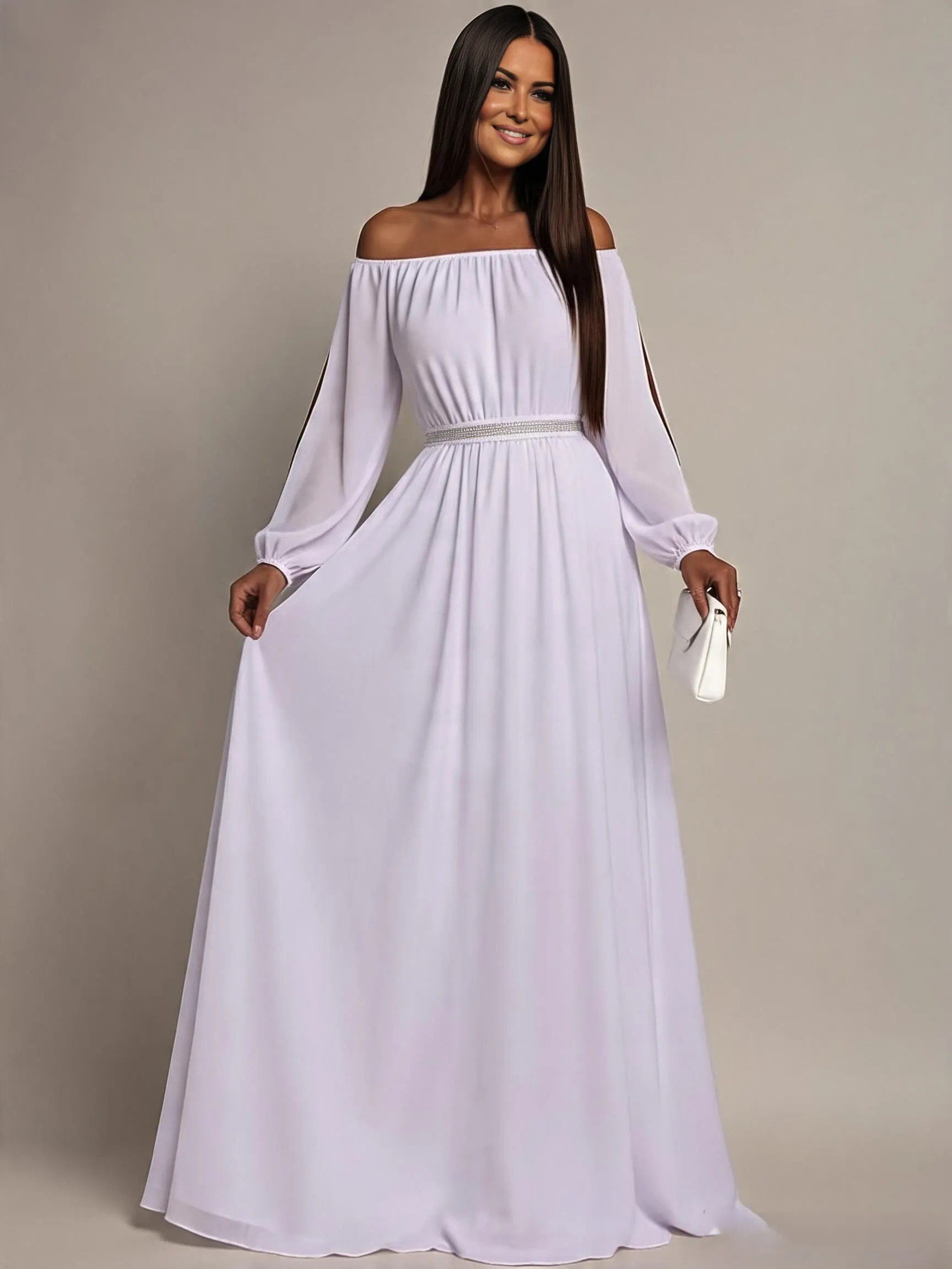 JojoFashion Rochie cununie civila lunga voal alba cu maneca lunga si umerii goi Afrodita