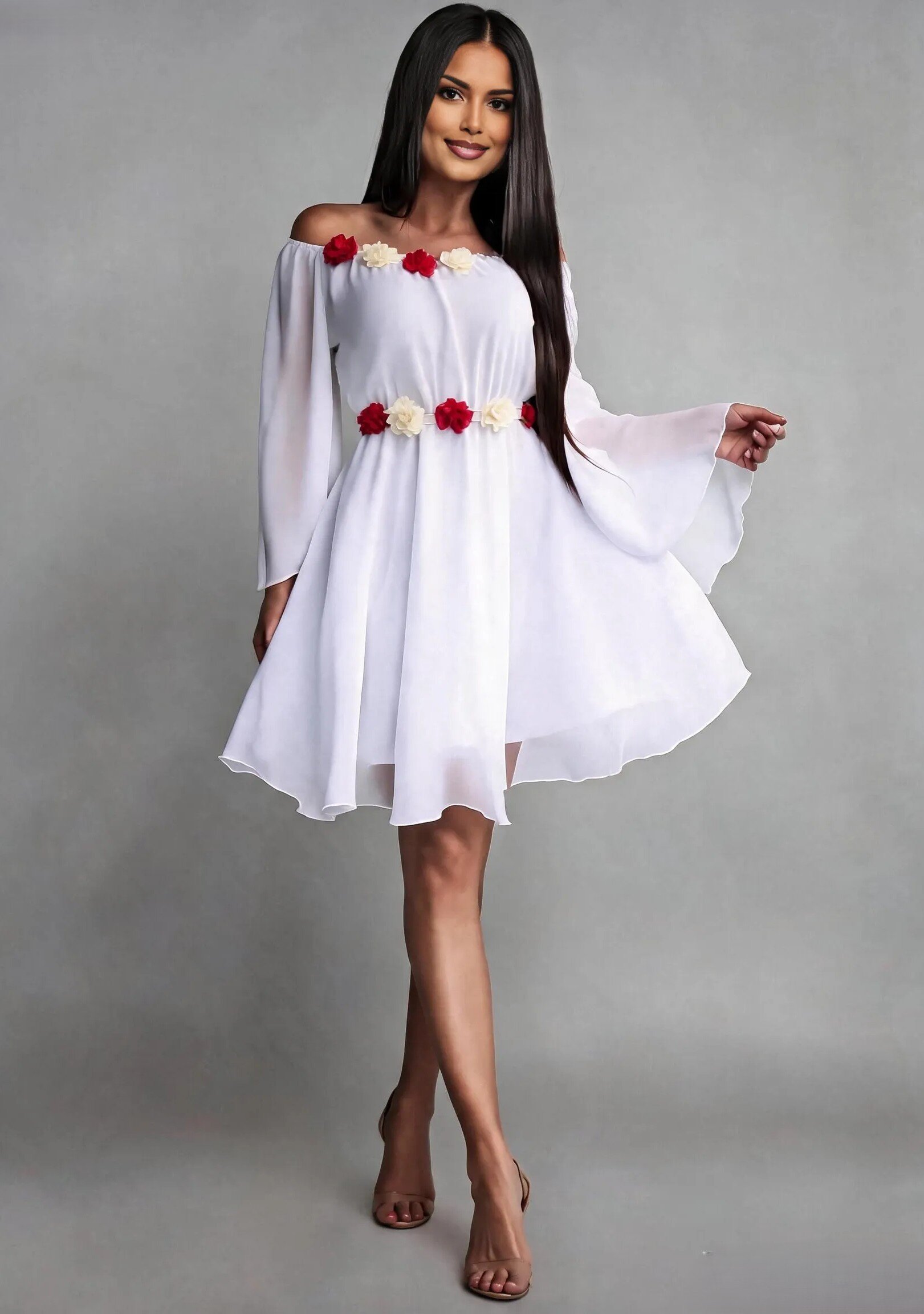 JojoFashion Rochie cununie civila scurta din voal alba cu maneca lunga Raisa