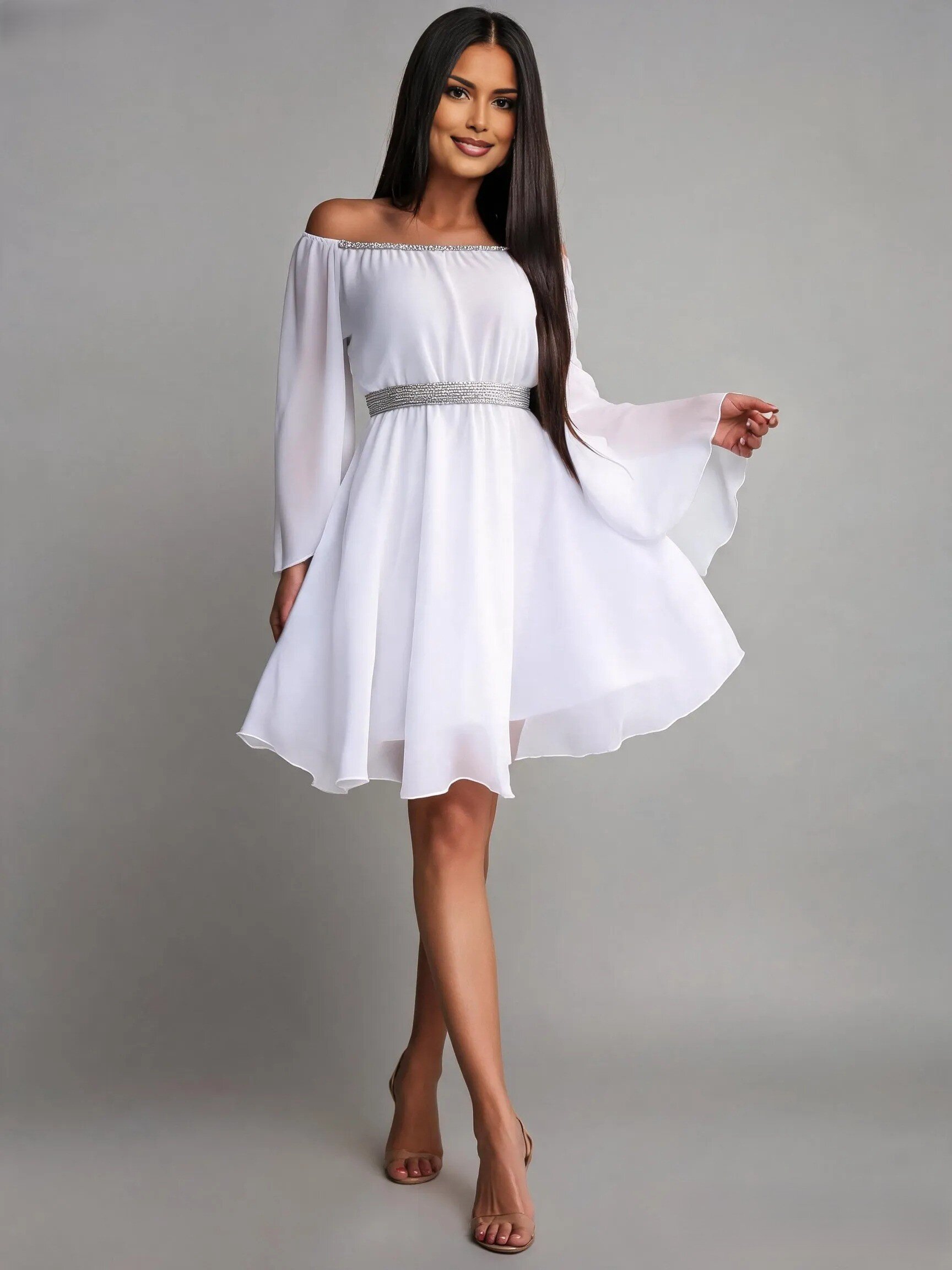 JojoFashion Rochie cununie civila scurta din voal alba cu maneca lunga vaporoasa Alexia