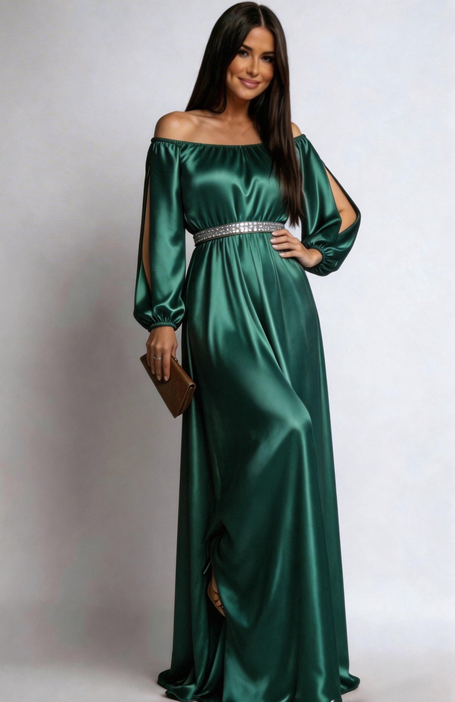 JojoFashion Rochie de ocazie din satin verde vaporoasa cu maneca lunga Larisa