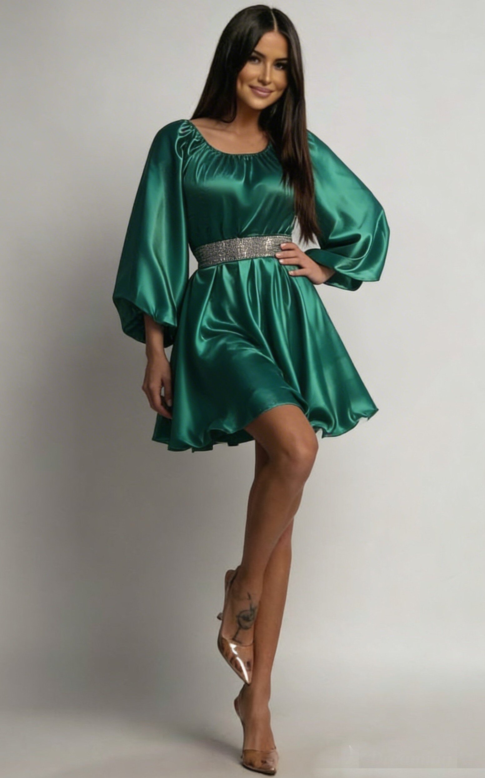 JojoFashion Rochie de ocazie eleganta scurta din satin verde babydoll vaporoasa Merida