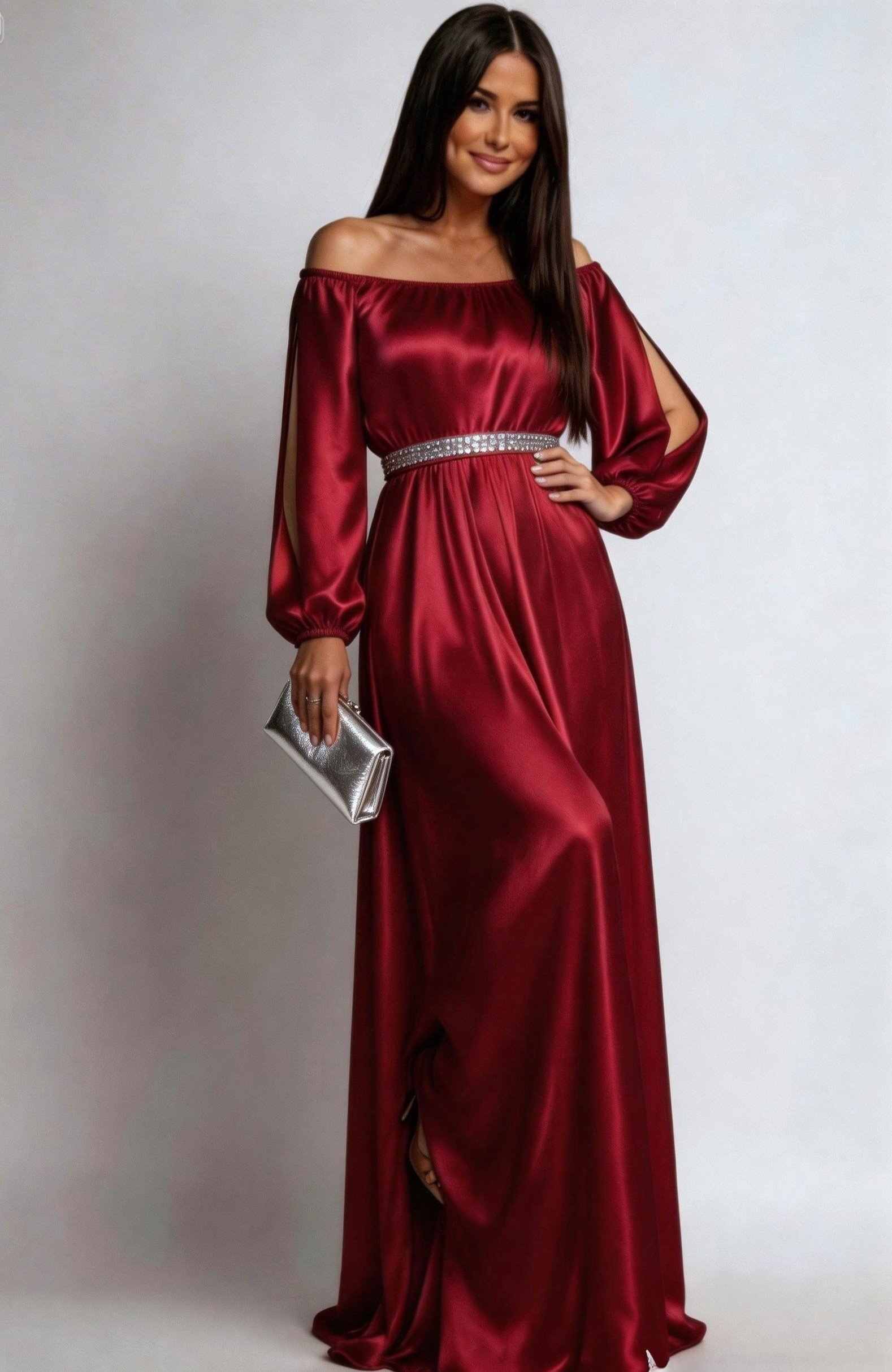 JojoFashion Rochie de ocazie lunga burgundy din satin vaporoasa cu maneca lunga Larisa
