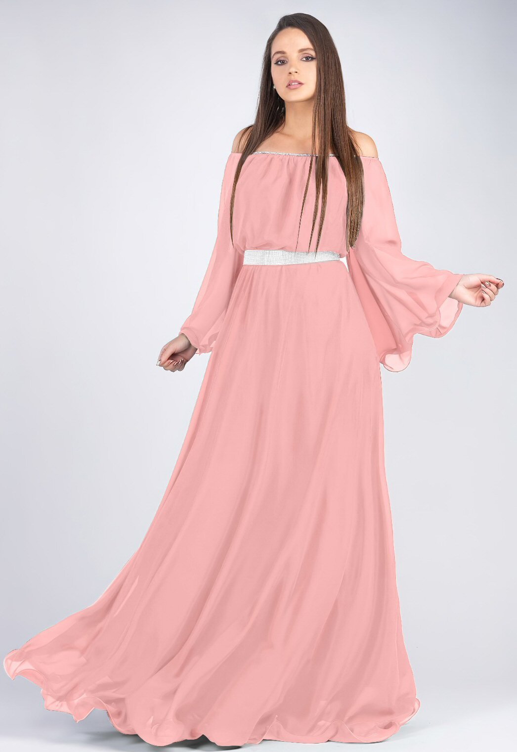 JojoFashion Rochie de ocazie lunga din voal roz pal vaporoasa Cinderella