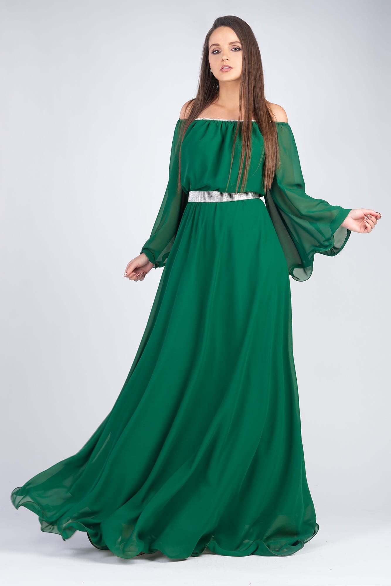 JojoFashion Rochie de ocazie lunga verde smarald din voal Cinderella
