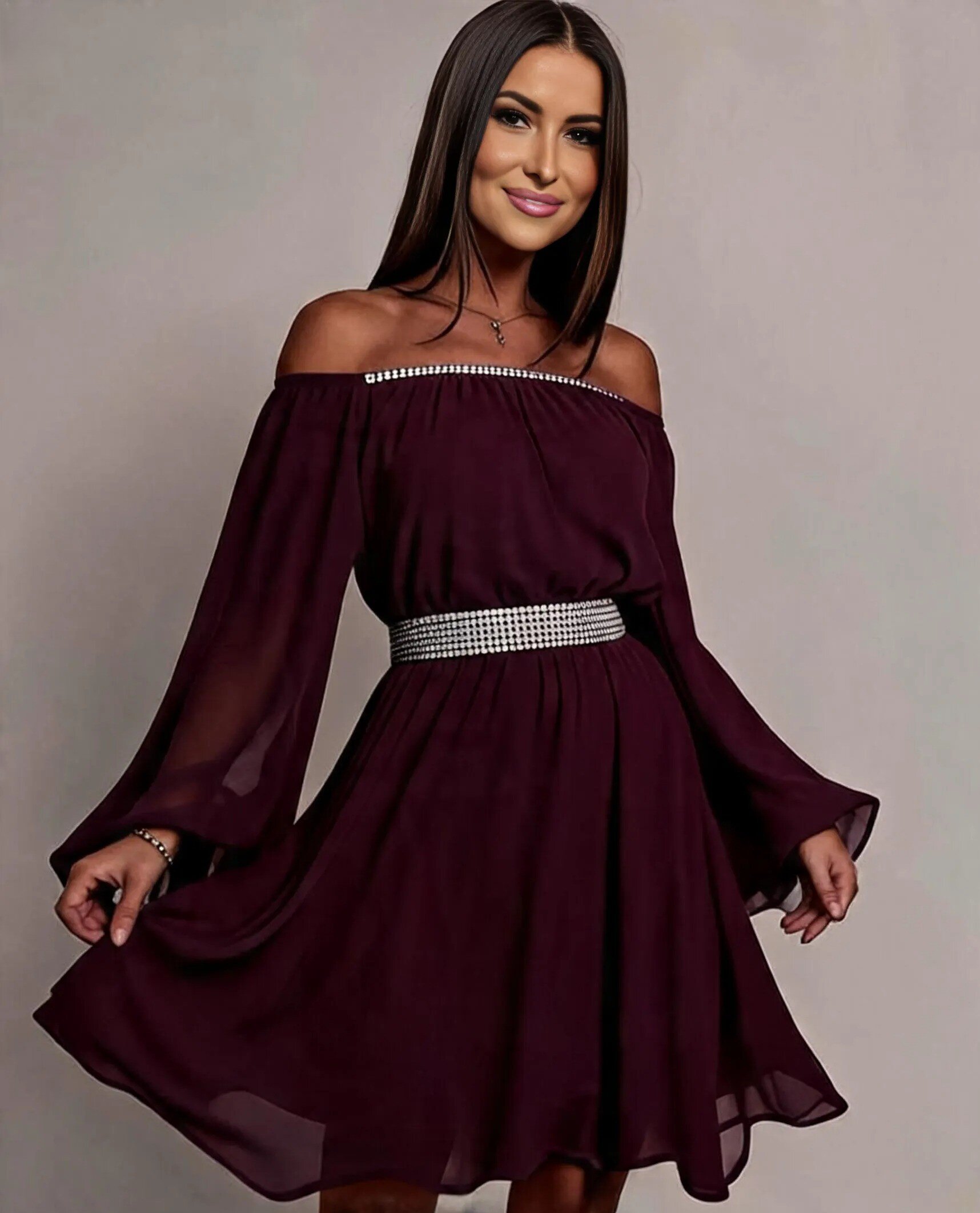 JojoFashion Rochie de ocazie midi vaporoasa din voal mov Alexia