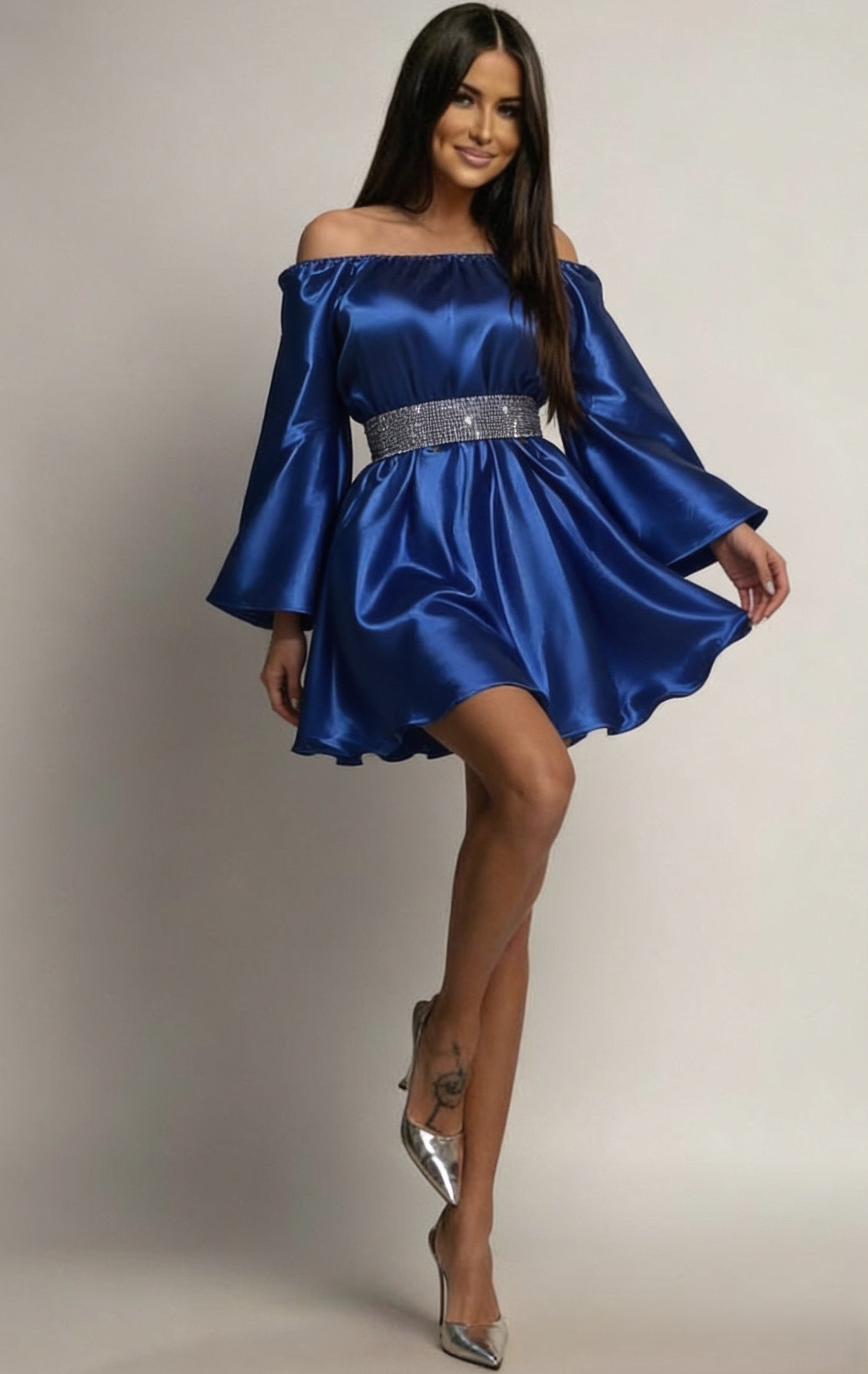 JojoFashion Rochie de ocazie scurta albastra din satin babydoll vaporoasa Merida