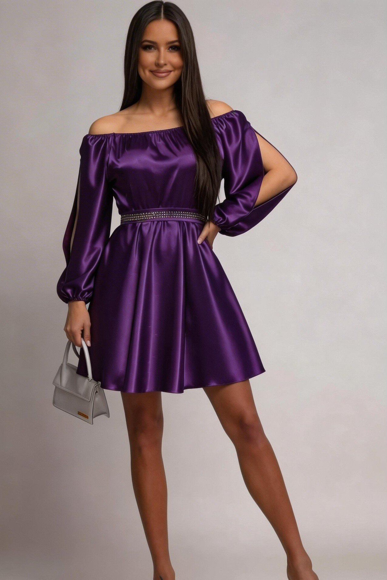 JojoFashion Rochie de ocazie scurta din satin mov babydoll cu umerii goi Calirroe