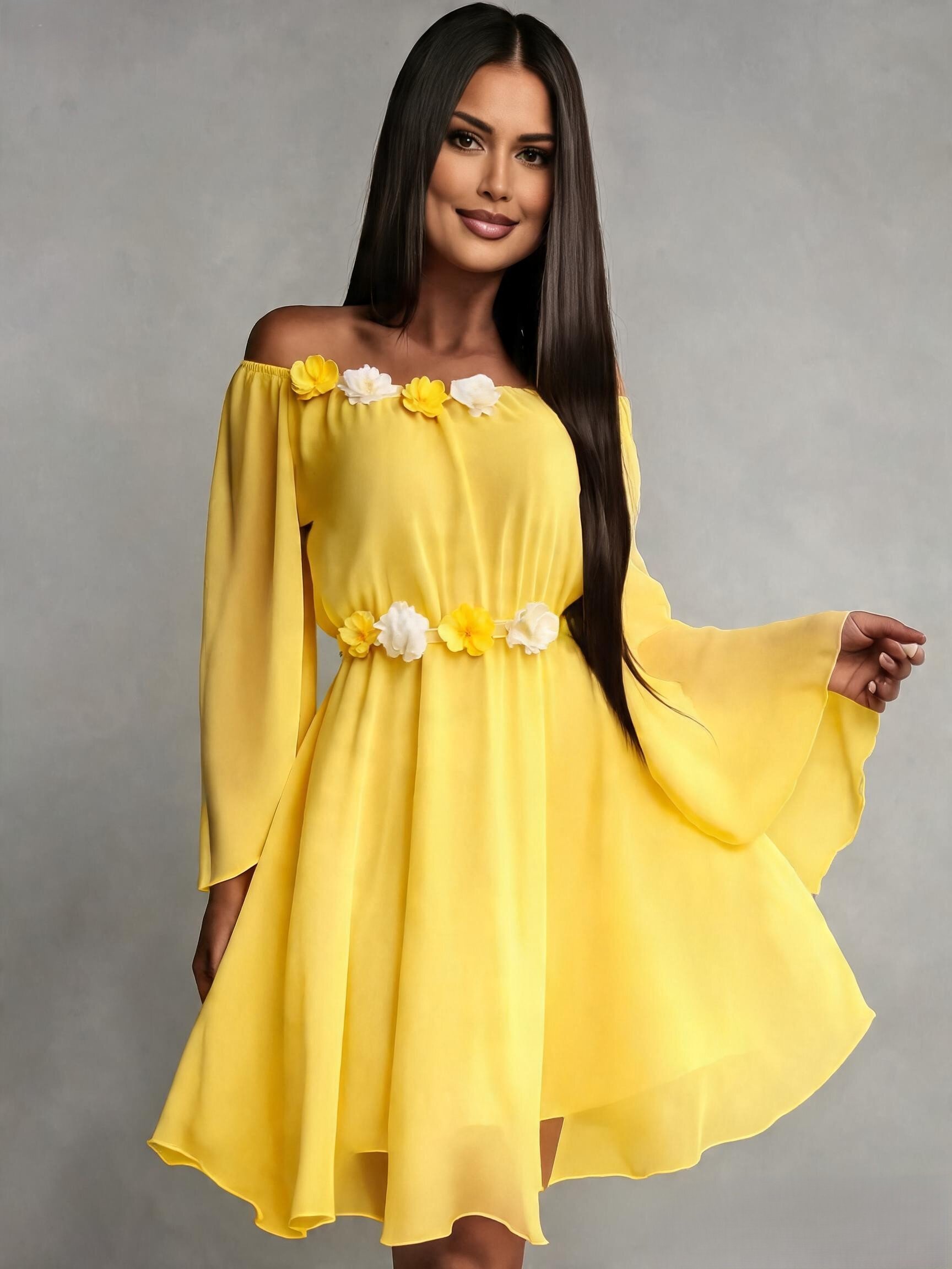 JojoFashion Rochie de ocazie scurta galbena din voal vaporoasa Raisa