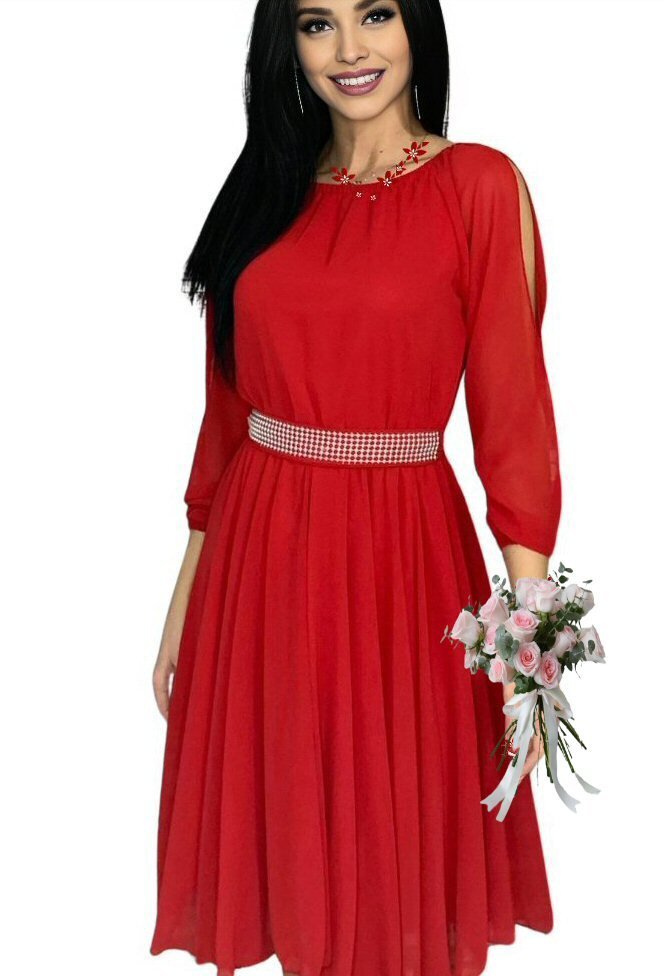 JojoFashion Rochie de ocazie scurta rosie din voal cu maneca trei sferturi Larra